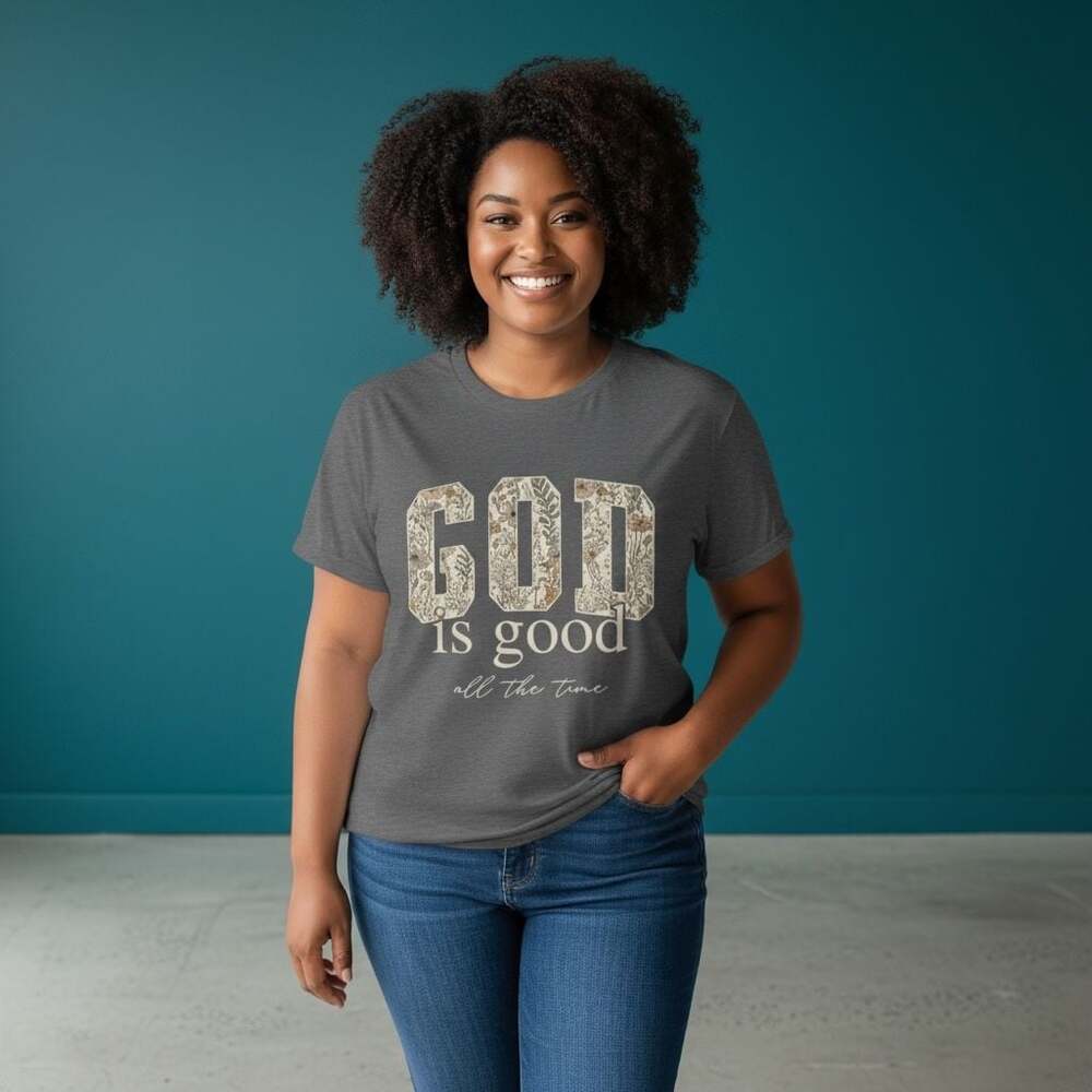 Size M ‘God Is Good All The Time’ Floral Graphic T-Shirt, Charcoal Grey - Picture 2 of 2